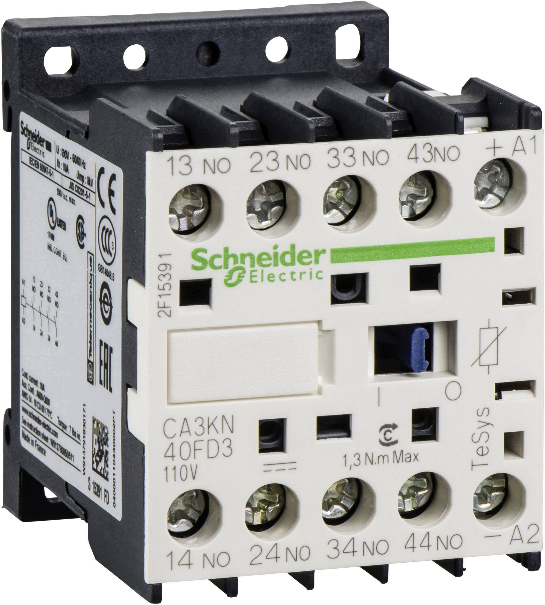 Un disjoncteur de Schneider Electric avec plusieurs bornes et étiquettes pour circuits électriques, modèle CA3KN 40FD3 110V.