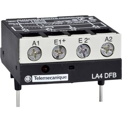 Composant électronique noir avec des bornes à vis argentées et les inscriptions 'A1', 'E1+', 'E2-', 'A2', portant le logo 'Telemecanique'.