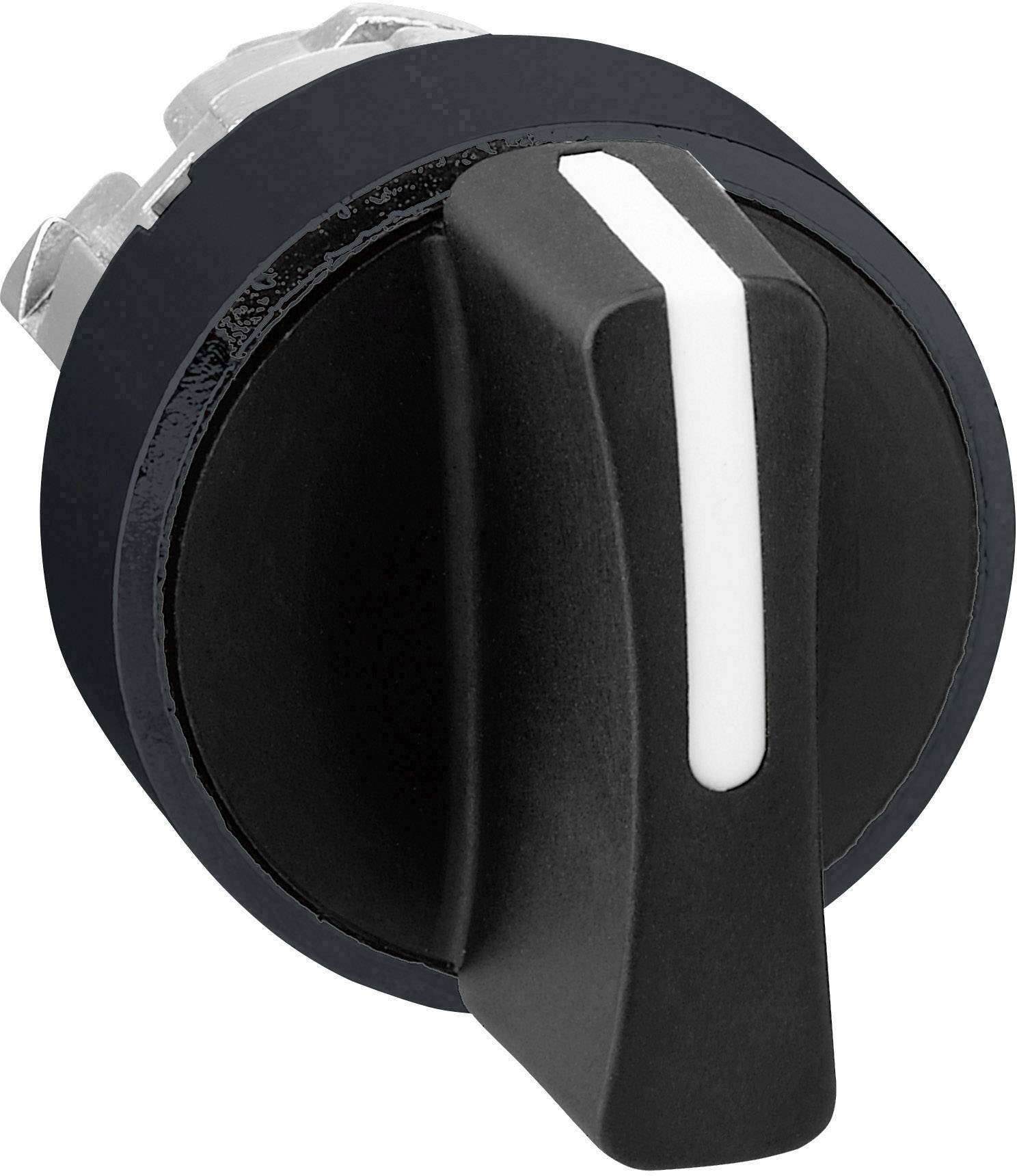 Bouton rotatif noir avec ligne de marquage blanche, vu de côté.