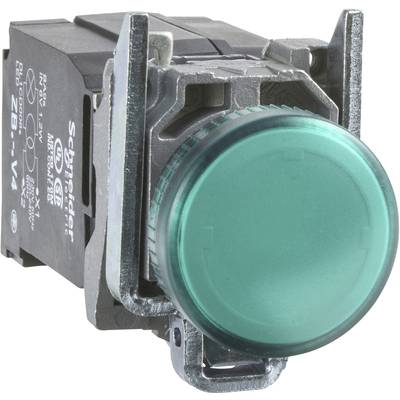 Un bouton-poussoir vert de Schneider Electric, monté sur un support, pour des applications industrielles ou électriques.