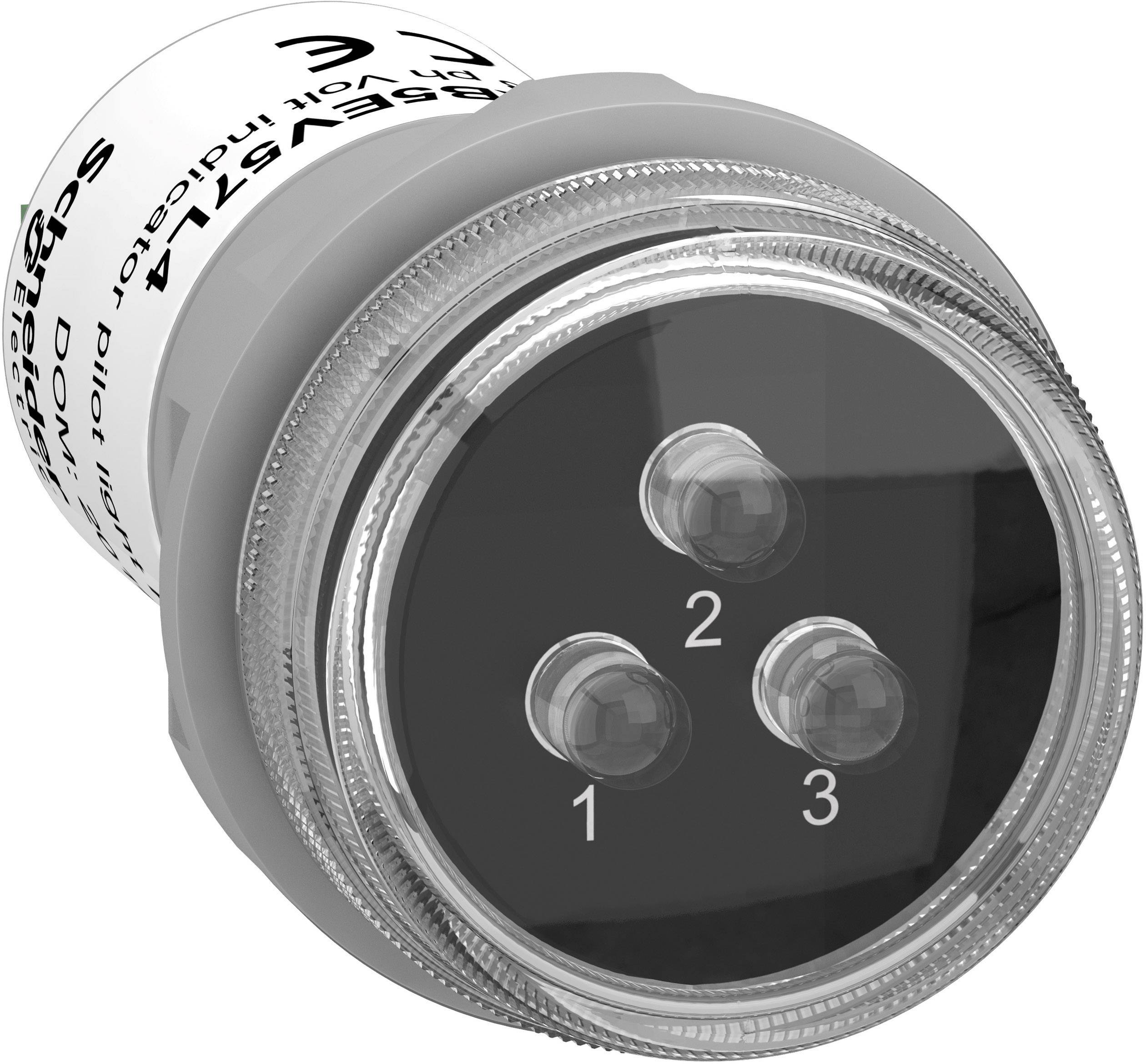 Un bouton-poussoir industriel gris, rond, avec une surface noire et les chiffres '1', '2' et '3' dessus.