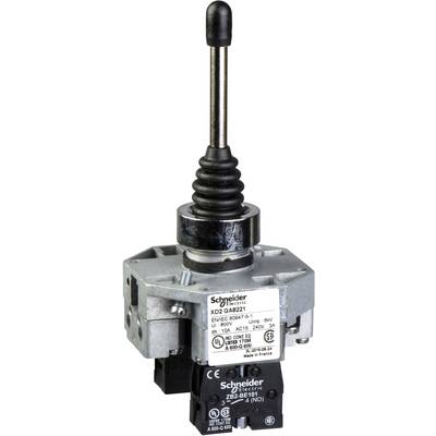 Un commutateur à joystick de Schneider Electric avec une articulation métallique et une poignée noire, utilisé pour les systèmes de commande industriels.