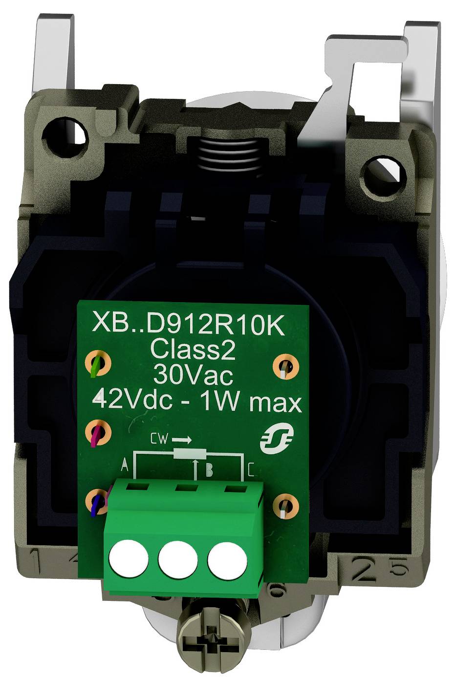Gros plan d'un module relais électronique avec un bloc de bornes vert, étiqueté « XB..D912R10K Class2 30Vac 42Vdc - 1W max », monté dans un boîtier noir.