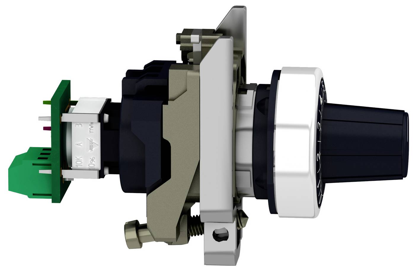 Coupe transversale 3D d'un commutateur rotatif électrique ou d'un ensemble de connecteur, montrant le mécanisme interne, le matériel de montage et le boîtier d'arbre arrière.