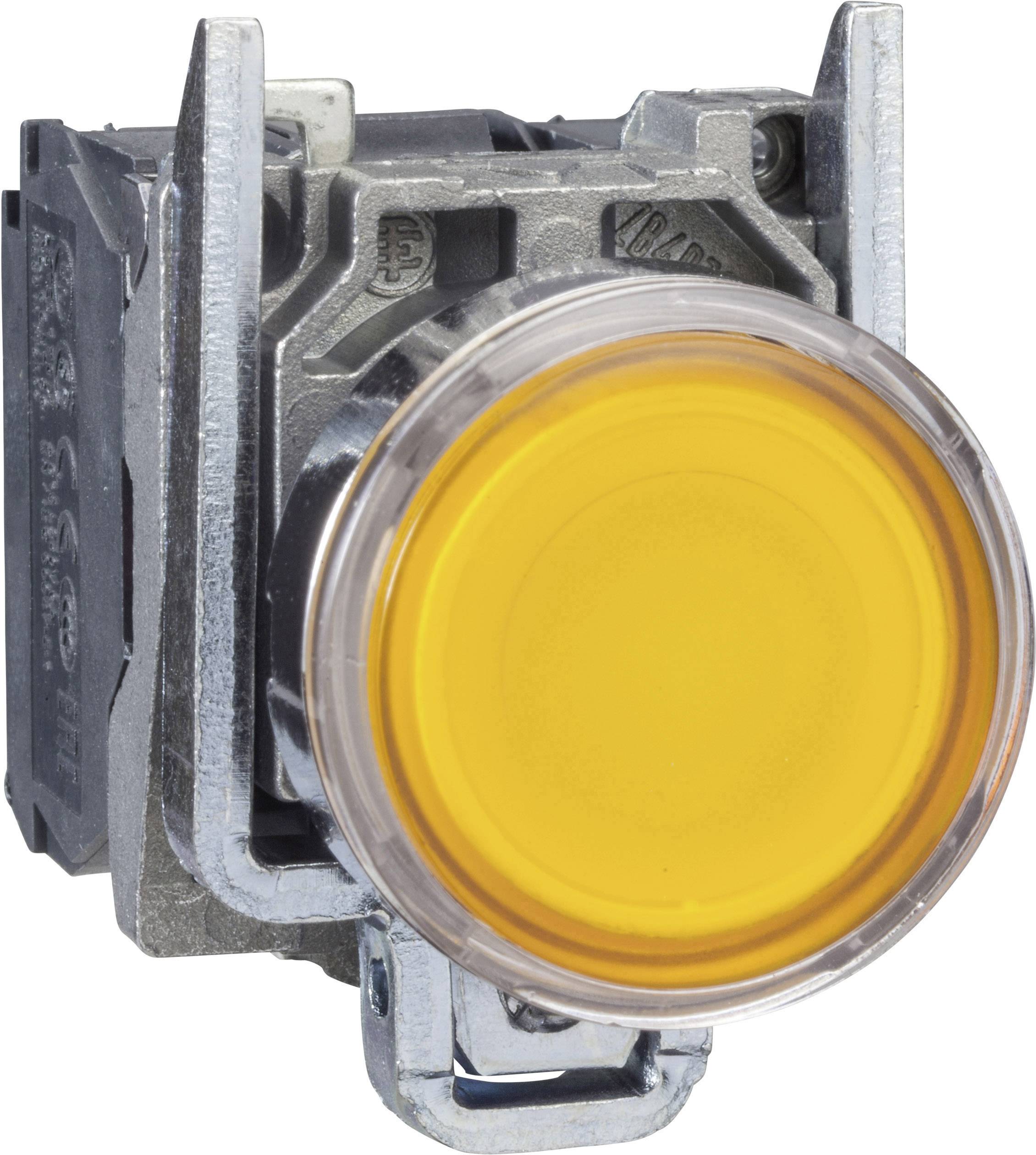 Bouton-poussoir rond jaune avec cadre métallique. Utilisé pour les commandes industrielles.