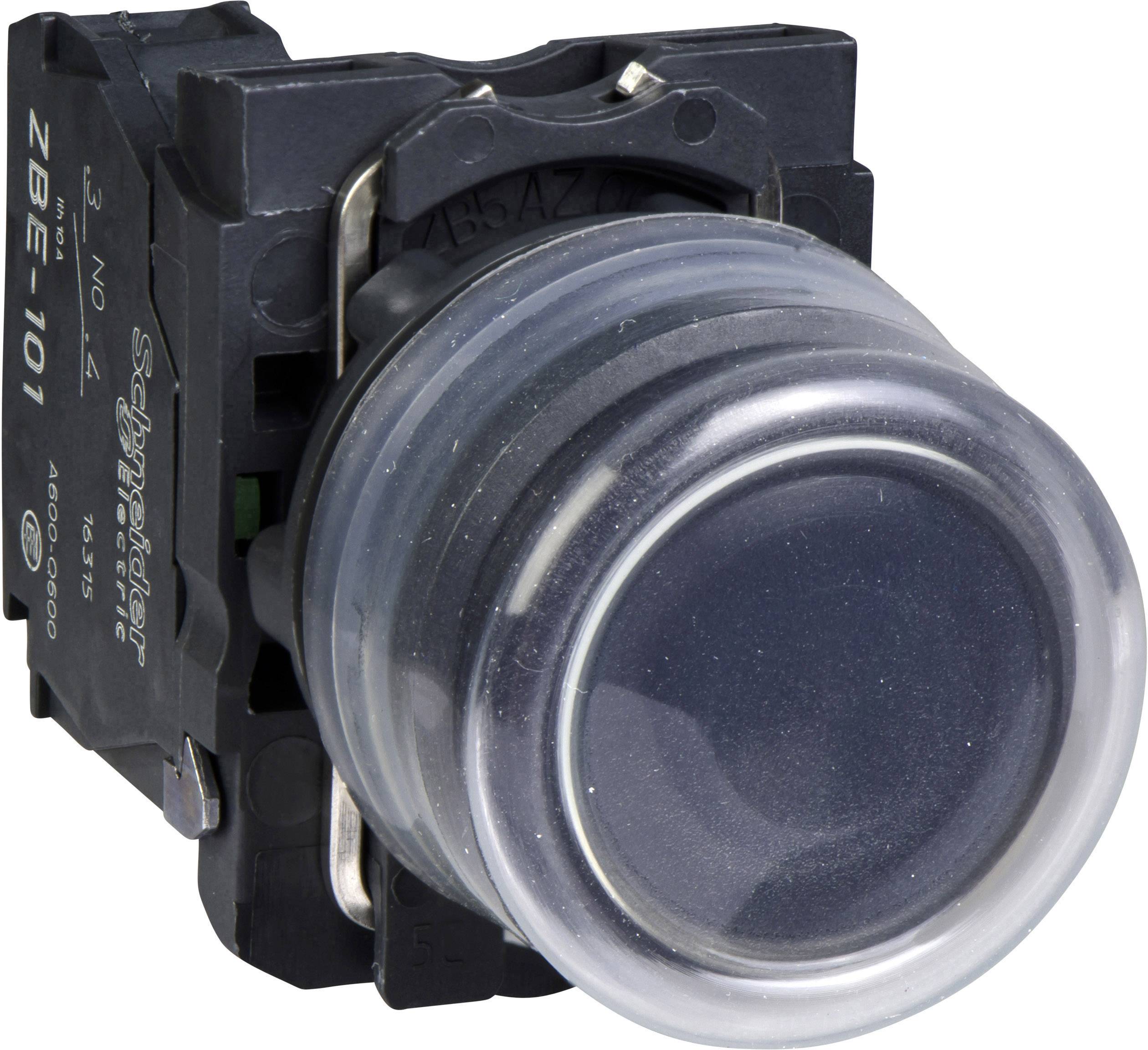 Un bouton-poussoir rond et transparent de la marque Schneider Electric, modèle ZBE-101, est intégré dans un boîtier noir.