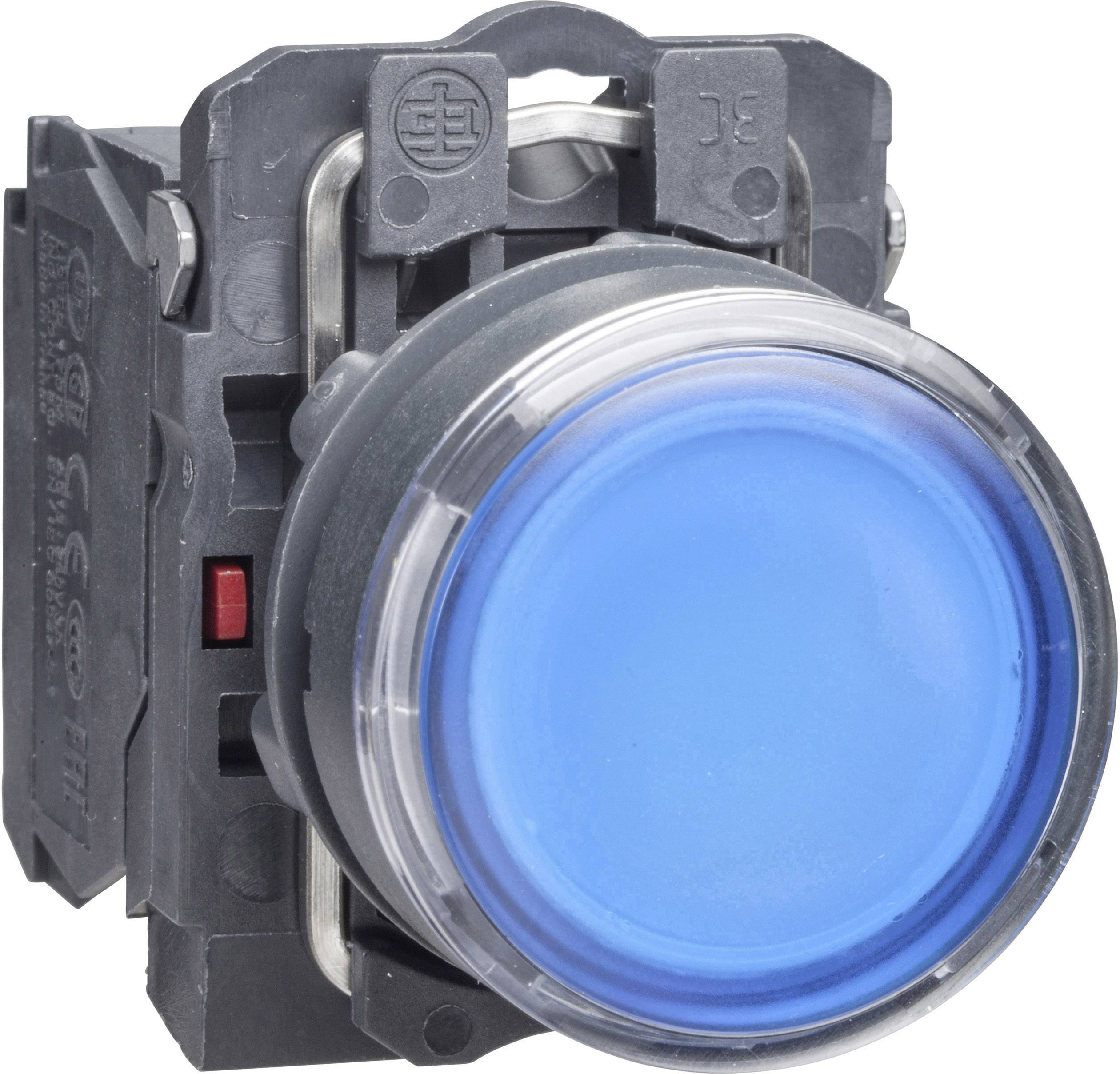 Un grand bouton-poussoir rond bleu dans un boîtier noir, souvent utilisé pour déclencher des fonctions sur des appareils électroniques.