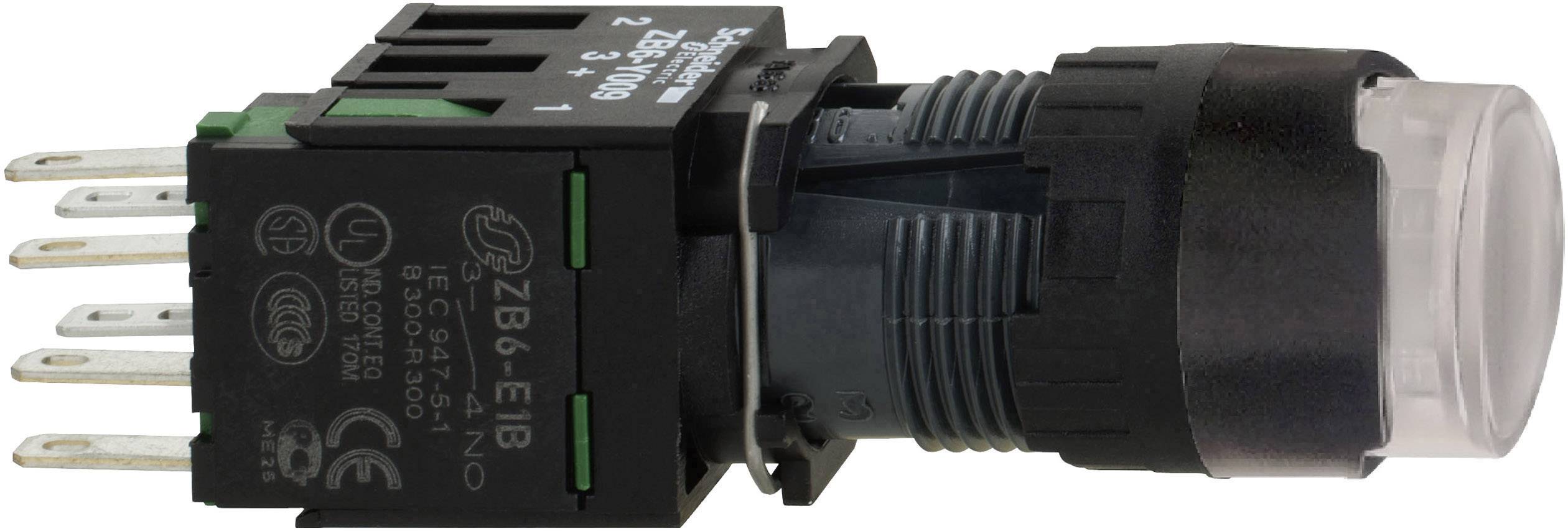 Un bouton-poussoir lumineux avec un boîtier noir, un capuchon transparent et plusieurs contacts de connexion, adapté aux appareillages électriques.