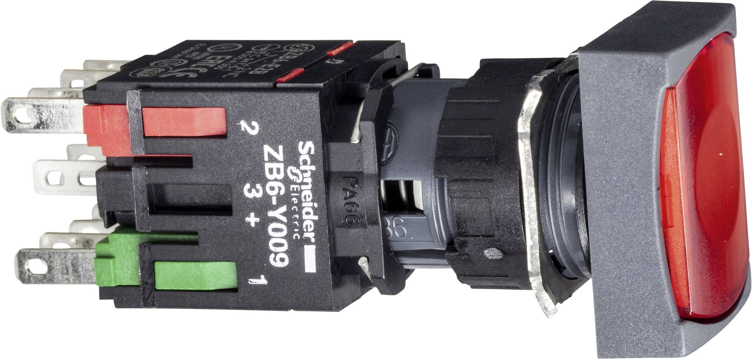 'Bouton-poussoir rouge éclairé avec boîtier noir, positionné latéralement. Adapté pour le contrôle et la commande de machines.'