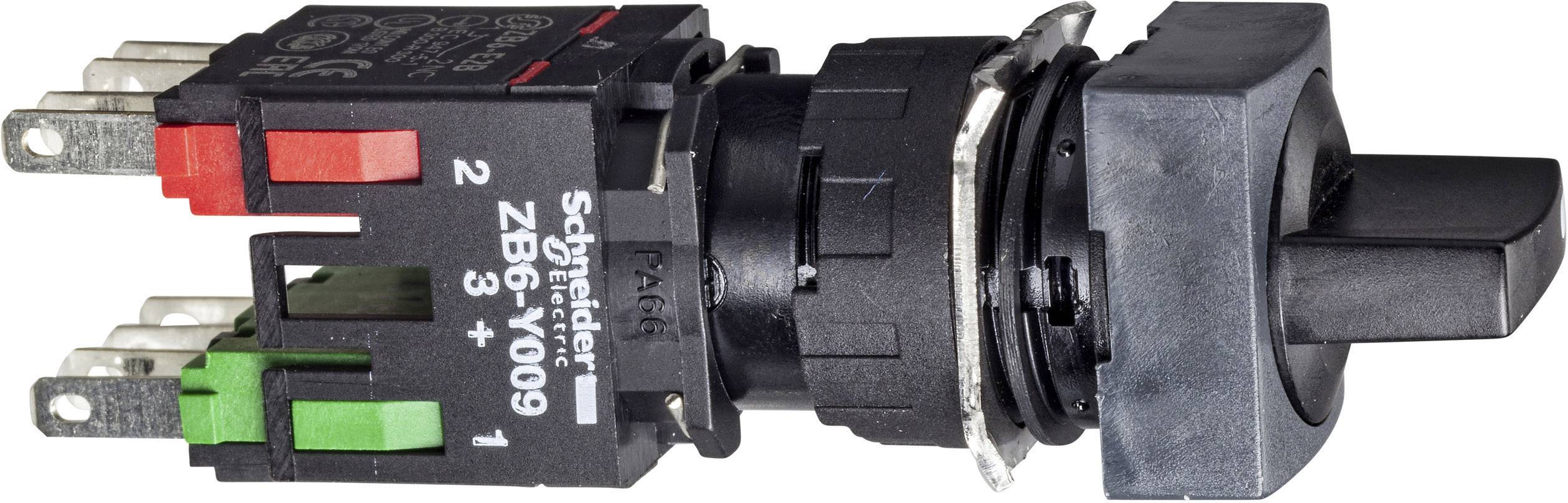 Un interrupteur à bascule noir avec des contacts rouges et verts, portant l'inscription 'Schneider Electric ZB6Y009'. Composant électronique.
