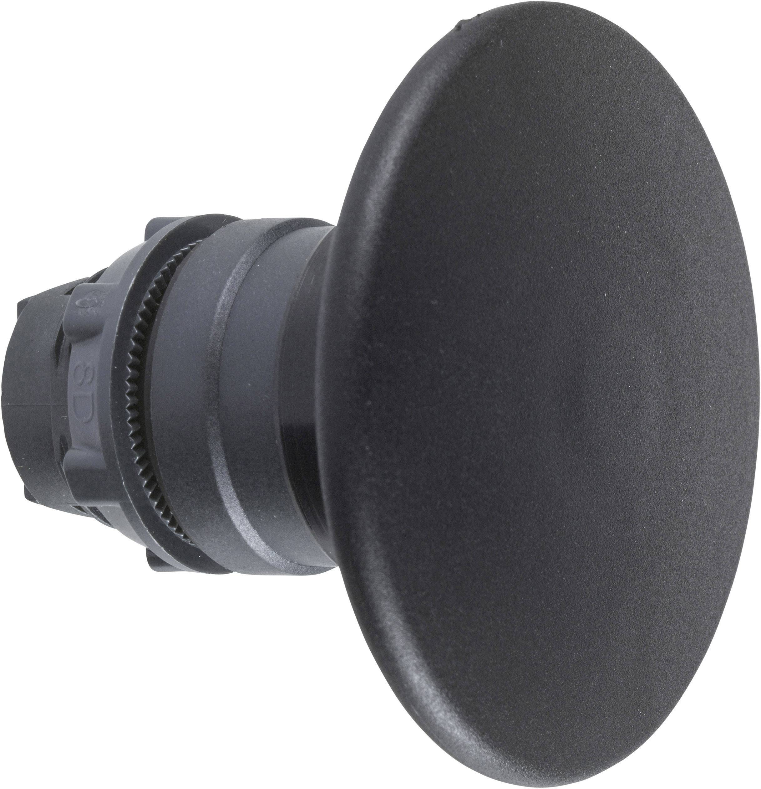 Bouton ou interrupteur noir rond, vue latérale, montrant le boîtier et le mécanisme de fixation.