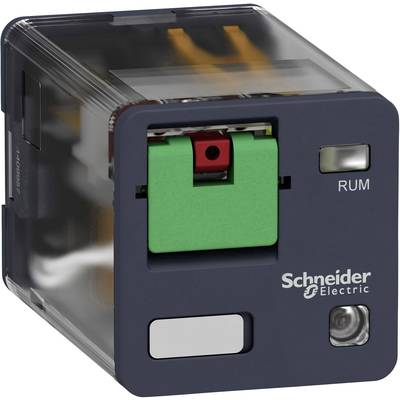 Un boîtier de relais transparent avec des composants internes visibles et l'inscription 'Schneider Electric'.