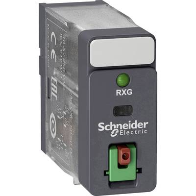Un composant électrique gris portant l'inscription 'RXG' et 'Schneider Electric', équipé d'un interrupteur vert et rouge sur la façade.