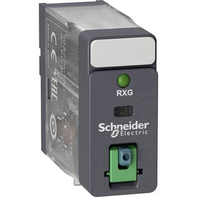 Un module relais de Schneider Electric avec un interrupteur vert et un voyant LED, étiqueté 'RXG'.