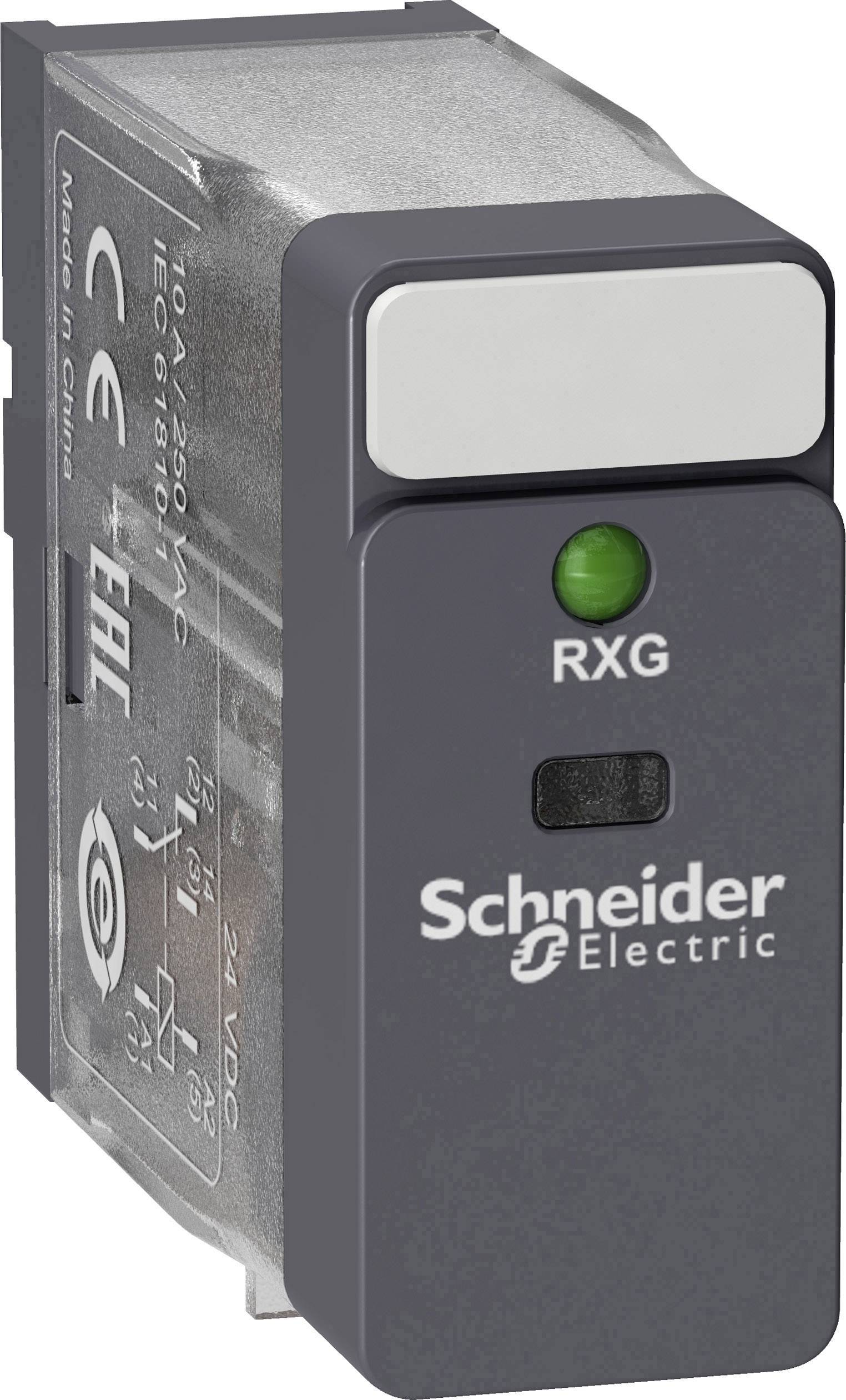 Relais 'Schneider Electric' avec indicateur LED vert et inscription 'RXG'. De forme rectangulaire, zone transparente, adapté pour un montage en armoire électrique.