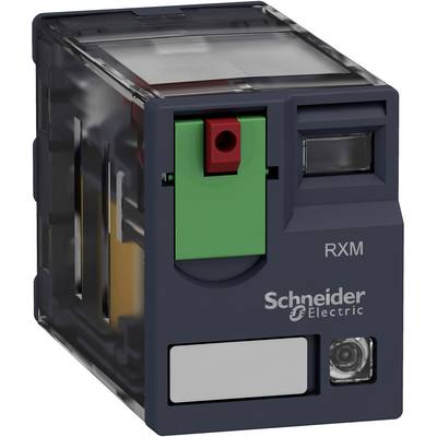 Un relais industriel noir de Schneider Electric, modèle RXM, avec un commutateur vert et rouge et un boîtier transparent sur le dessus.