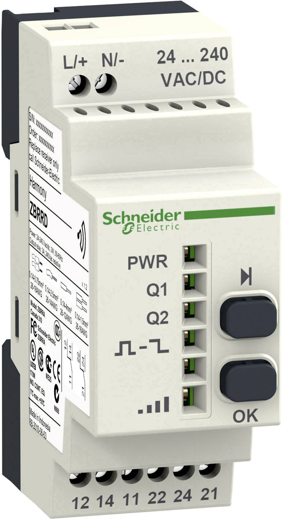 Bloc d'alimentation électrique Schneider Electric, modèle ZBRRD, pour montage sur rail DIN, avec plusieurs connexions et touches.