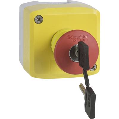 Un interrupteur de sécurité d'urgence jaune avec clé. Boîtier rouge et jaune, fabriqué par Schneider Electric. Déverrouillé.
