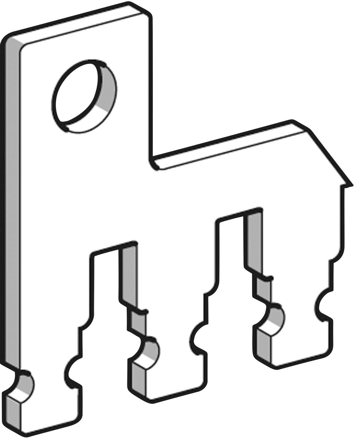 Ébauche de clé métallique à forme inhabituelle : Quatre dents courtes et dentelées, et une tête anguleuse en saillie percée d'un trou.
