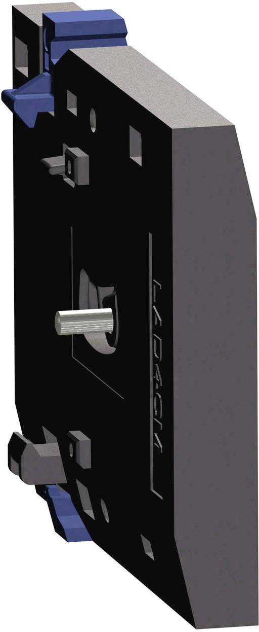 Un composant mécanique noir rectangulaire avec des éléments bleus saillants et une tige métallique au centre.