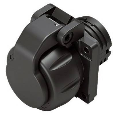 Prise en plastique noir avec couvercle rond, montée sur une plaque. Adaptée pour le raccordement de remorques.