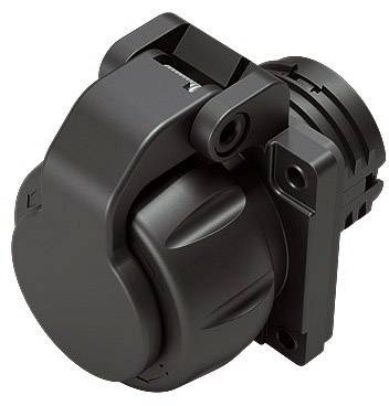 Connecteur noir en plastique avec capuchon de protection, probablement une fiche électrique ou un adaptateur, cylindrique avec vis de fixation.