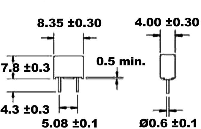 Dessin technique d'un composant électronique avec dimensions en millimètres : '8,35 ±0,30', '4,00 ±0,30', '7,8 ±0,3', '4,3 ±0,3', '5,08 ±0,1', '0,5 min', 'Ø0,6 ±0,1'.