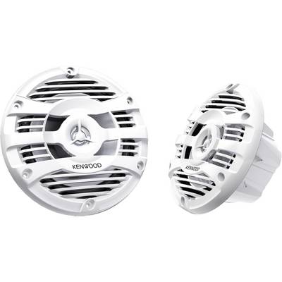 Deux enceintes Kenwood blanches et rondes au design élégant, avec des nervures visibles et un logo central.