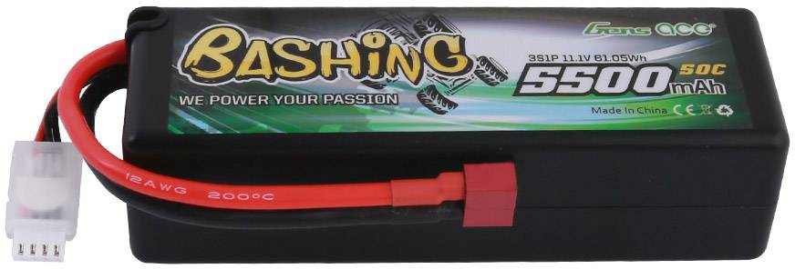 Une batterie lithium-polymère noire portant l'inscription « Bashing 5500 mAh, 11,1V », avec un câble rouge et un connecteur blanc.