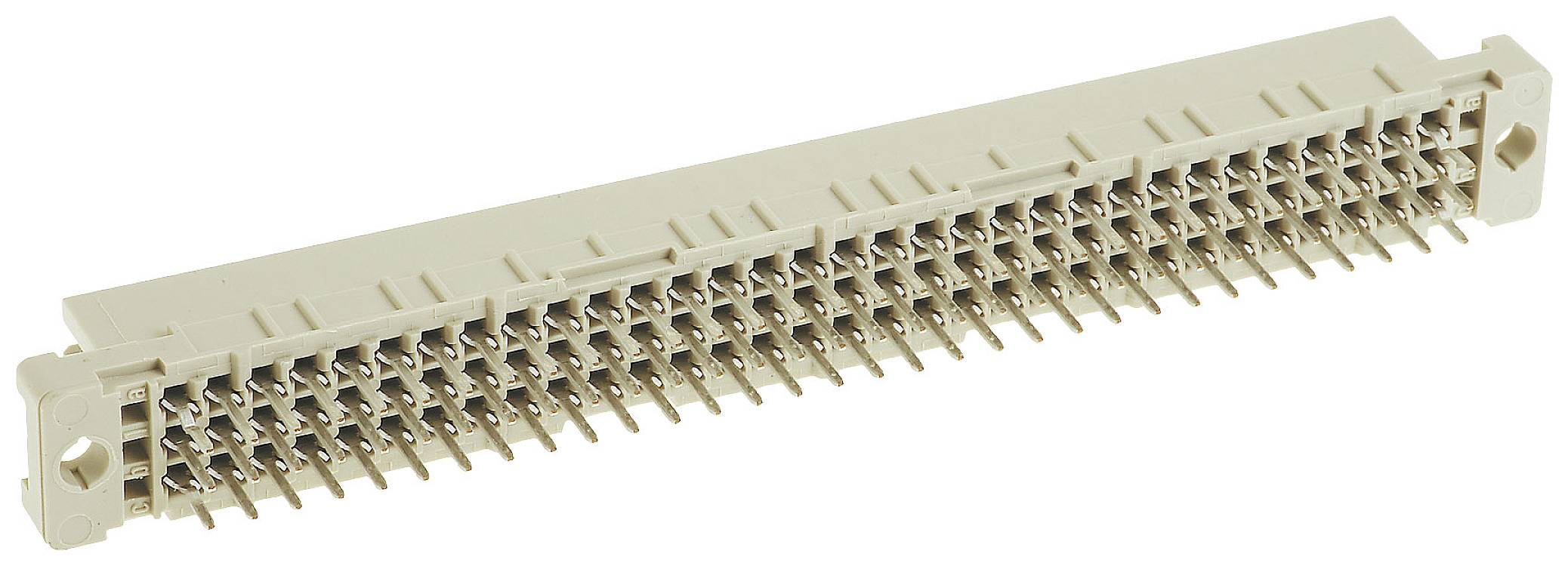 Un connecteur rectangulaire multipolaire avec plusieurs rangées de broches métalliques utilisées pour des connexions électroniques.