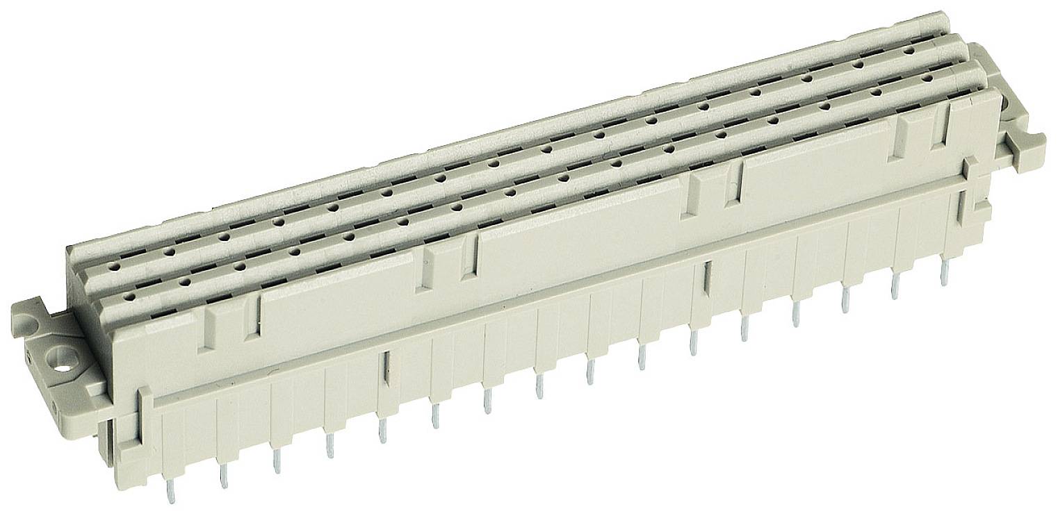 Élément de connexion électrique rectangulaire gris avec des rangées de broches de contact destiné à être fixé sur un circuit imprimé.