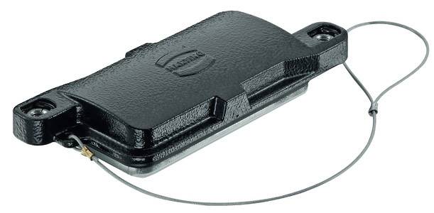 Un aimant rectangulaire noir avec des œillets latéraux et un câble de sécurité, utilisé pour une fixation sûre et un maintien stable.