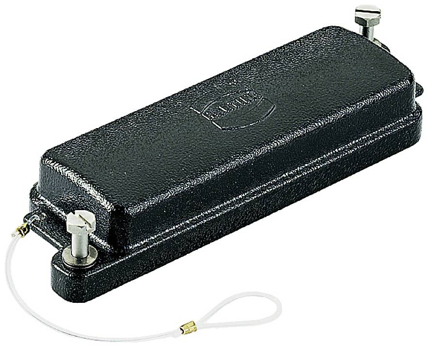 Boîtier métallique noir, rectangulaire, avec un couvercle amovible, des fermetures à ses extrémités, utilisé pour des applications industrielles.