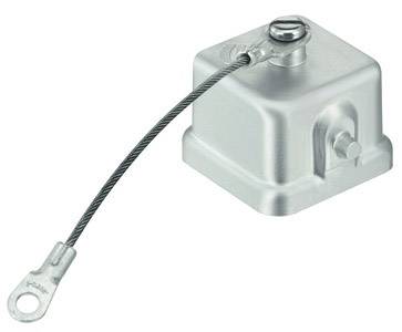 Capuchon de protection métallique avec fixation de câble, utilisé pour des applications industrielles ou mécaniques afin de protéger les connexions.
