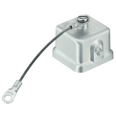 Capuchon de protection métallique avec fixation de câble, utilisé pour des applications industrielles ou mécaniques afin de protéger les connexions.