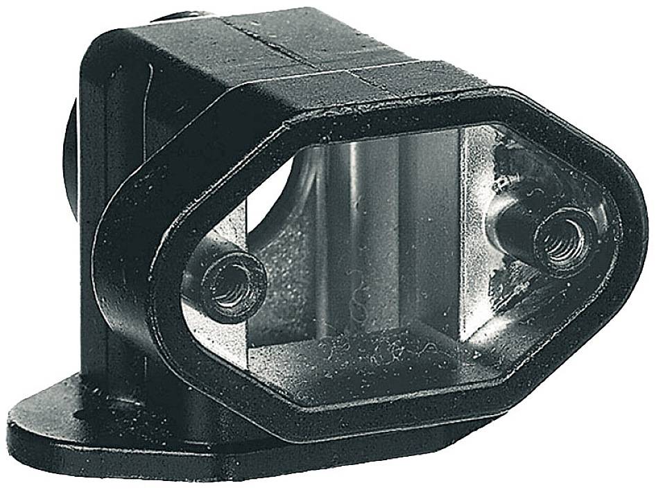 Pièce en plastique noir, rectangulaire, avec une ouverture ovale et deux trous de fixation sur les côtés, vue en perspective de dessus.