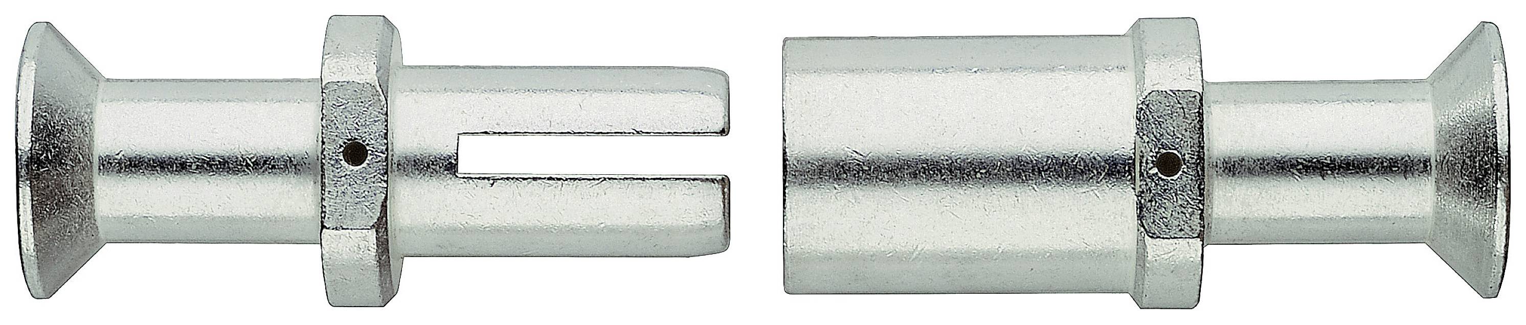 Deux pièces métalliques qui s'emboîtent. À gauche, une pièce avec une extrémité en fourche, à droite une pièce cylindrique. Les deux sont argentées et possèdent des trous de perçage.