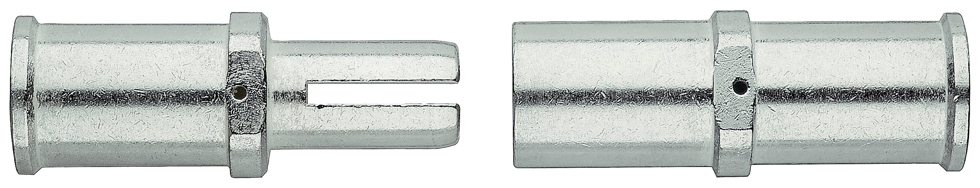 Deux fiches métalliques ; fiche de gauche à pointe ouverte, fiche de droite à pointe fermée ; toutes deux de forme cylindrique.