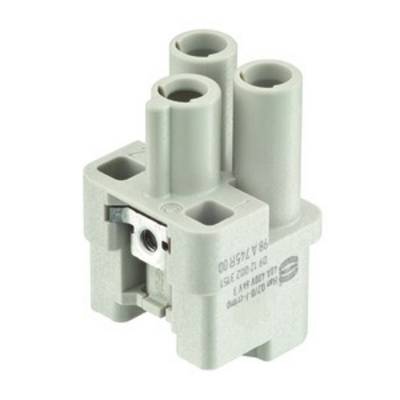Une pièce en plastique grise avec trois connexions cylindriques verticales, utilisée dans des applications électriques ou électroniques.