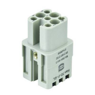 Connecteur électrique gris avec six bornes. Marquage indiquant 'Han 7D-F 10L'. Adapté aux applications industrielles.