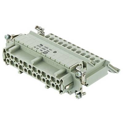 Un connecteur électrique avec plusieurs prises, boîtier gris et éléments de fixation à vis.