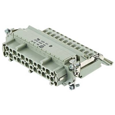 Un connecteur électrique gris avec plusieurs bornes de connexion et des vis pour le montage.