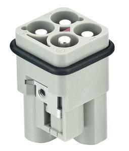Boîtier de connecteur électrique gris avec quatre ouvertures de contact rondes et joint noir, adapté aux applications industrielles.