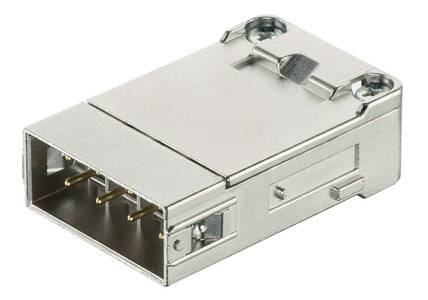 Connecteur métallique rectangulaire, à quatre broches dorées, avec des trous de fixation par vis, utilisé pour les connexions électroniques.