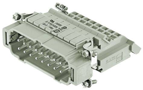 Un connecteur électrique rectangulaire gris avec plusieurs broches métalliques et des vis de fixation.