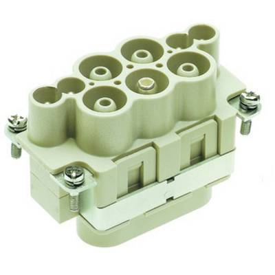 Connecteur électrique avec plusieurs bornes rondes et rectangulaires, de couleur beige, fixé par deux vis sur les côtés.
