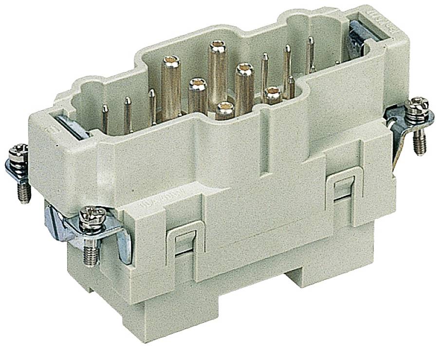 Fiche électrique multipolaire rectangulaire avec broches métalliques, boîtier en plastique beige et verrous à vis latéraux.