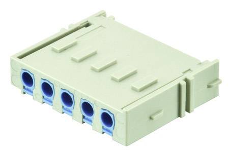 Un bloc de bornes enfichable avec cinq bornes de connexion bleues dans un boîtier gris clair, couramment utilisé dans des applications électriques.