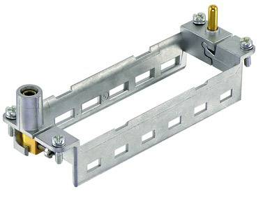 Un bâti de montage rectangulaire en métal avec supports et vis de fixation, adapté à l'installation d'équipements électroniques.