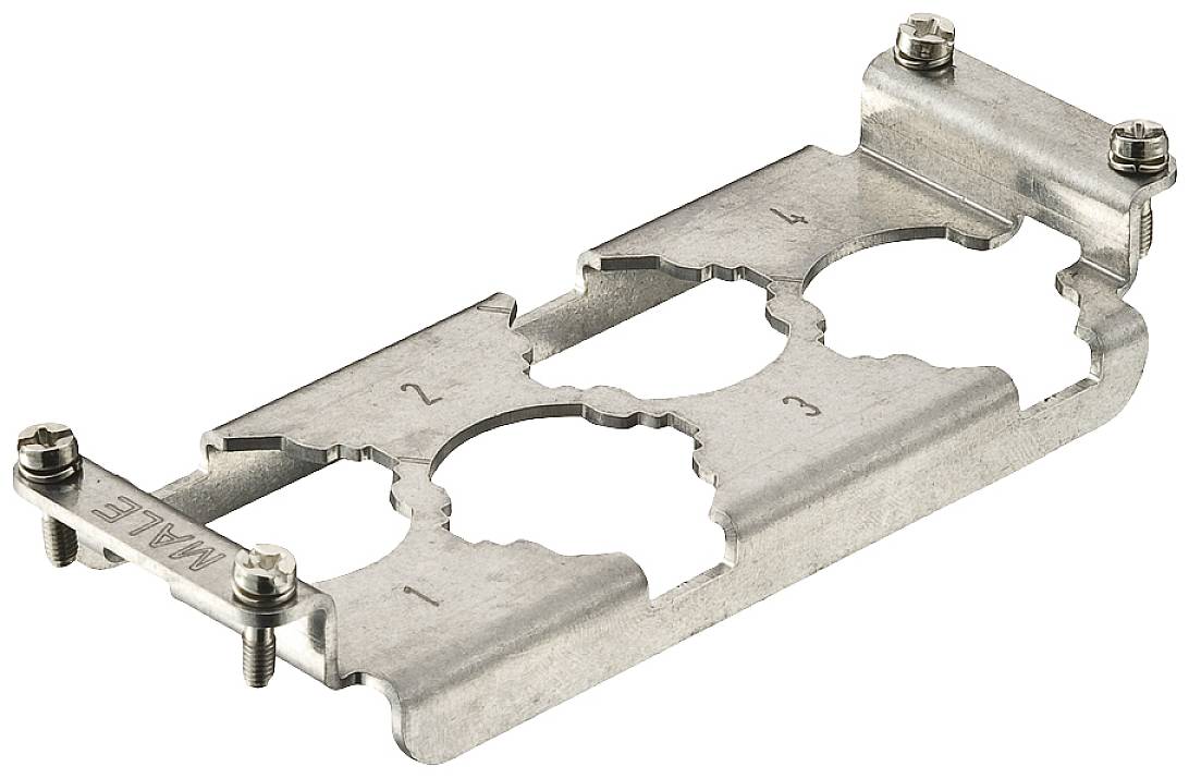 Support de fixation métallique portant l'inscription 'MAREL', quatre colliers de serrage vissables pour la fixation sur des surfaces, avec des ouvertures pour câbles ou conduites.